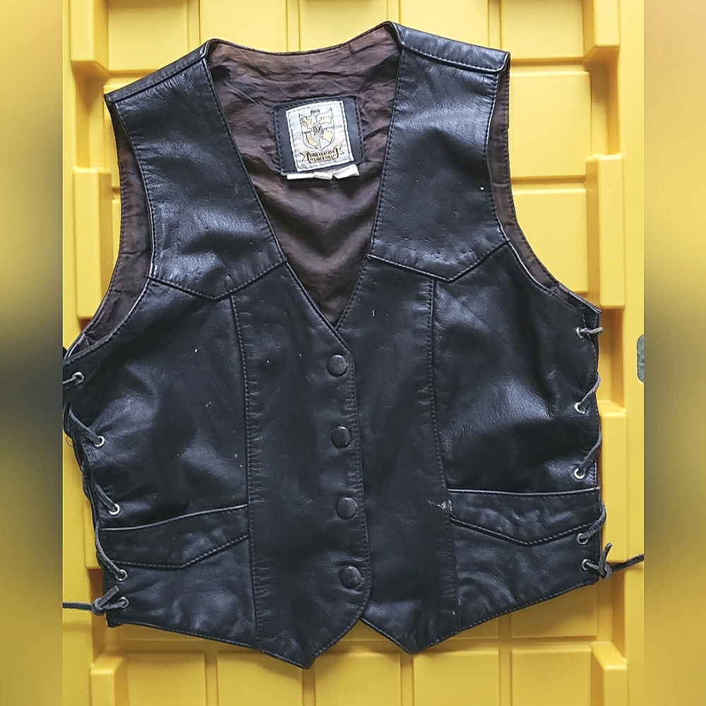 Ole School Black Leather Vest with Lace-Up Sides